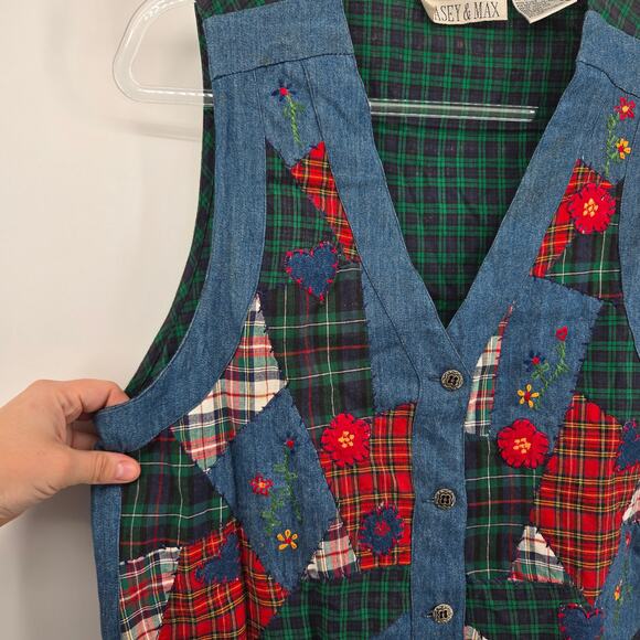 Vintage Floral Plaid Patchwork Button Denim Vest Size MD Grandma Cabin Holiday - Picture 2 of 8